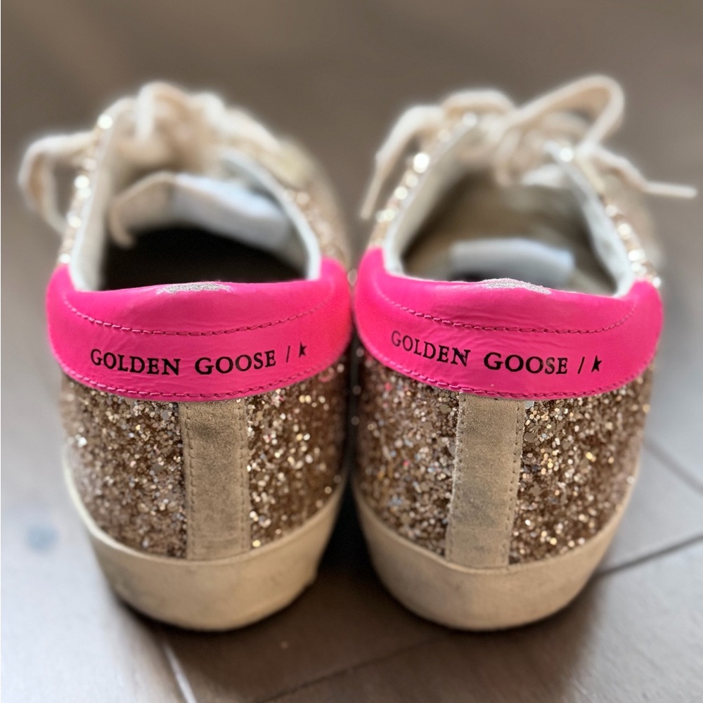 Golden Goose Gold Glitter Super Star Sneakers with Neon Pink - Picture 9 of 11